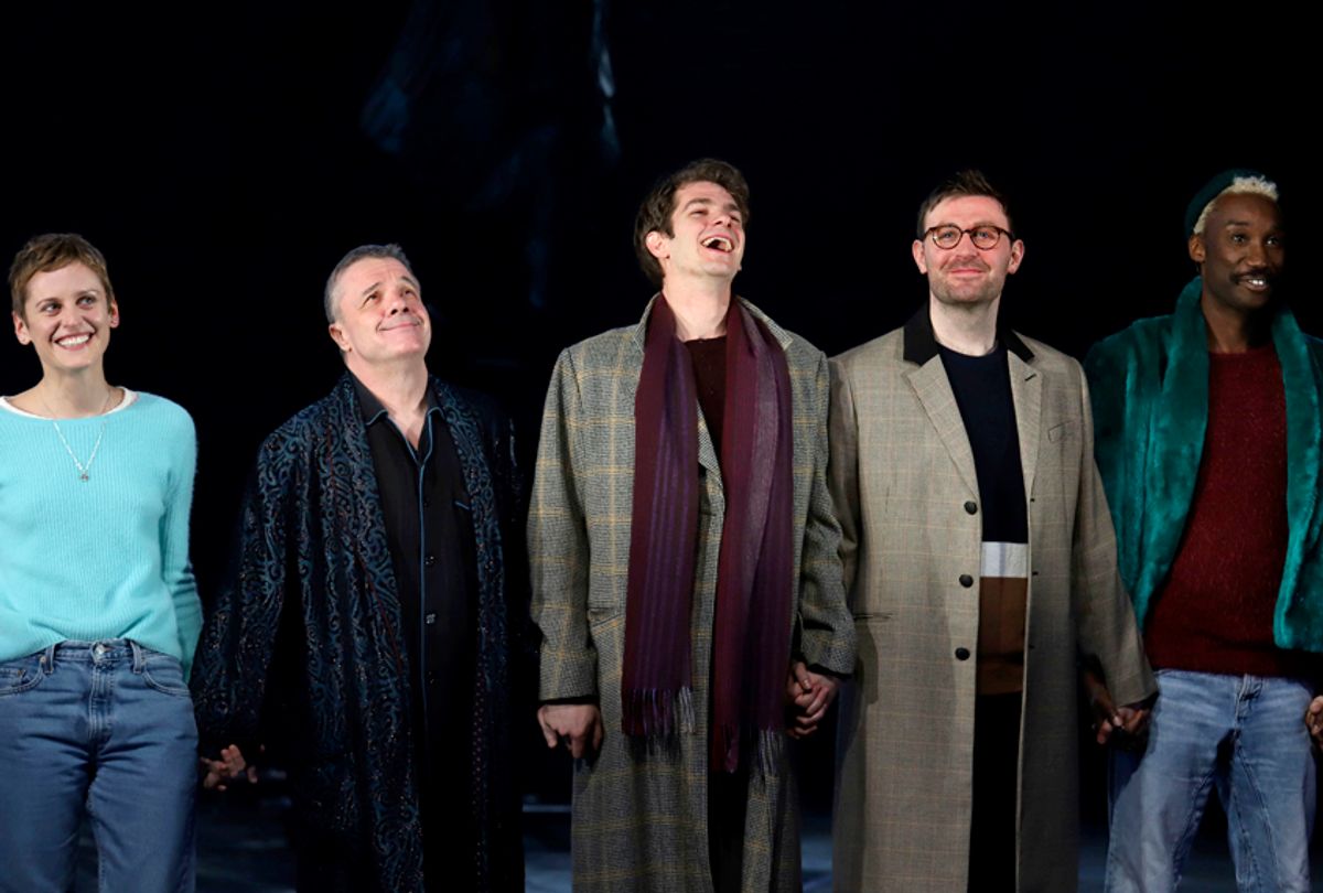Denise Gough, Nathan Lane, Andrew Garfield, James McArdle and Nathan Stewart-Jarrett participate in the curtain call for the "Angels in America" Broadway revival opening night, March 25, 2018. (AP/Greg Allen)