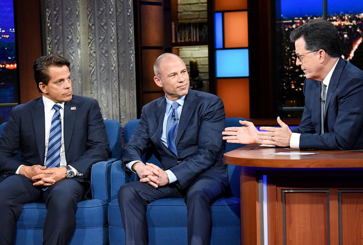 Anthony Scaramucci, Michael Avenatti, and Stephen Colbert on "The Late Show with Stephen Colbert" (Scott Kowalchyk/CBS)