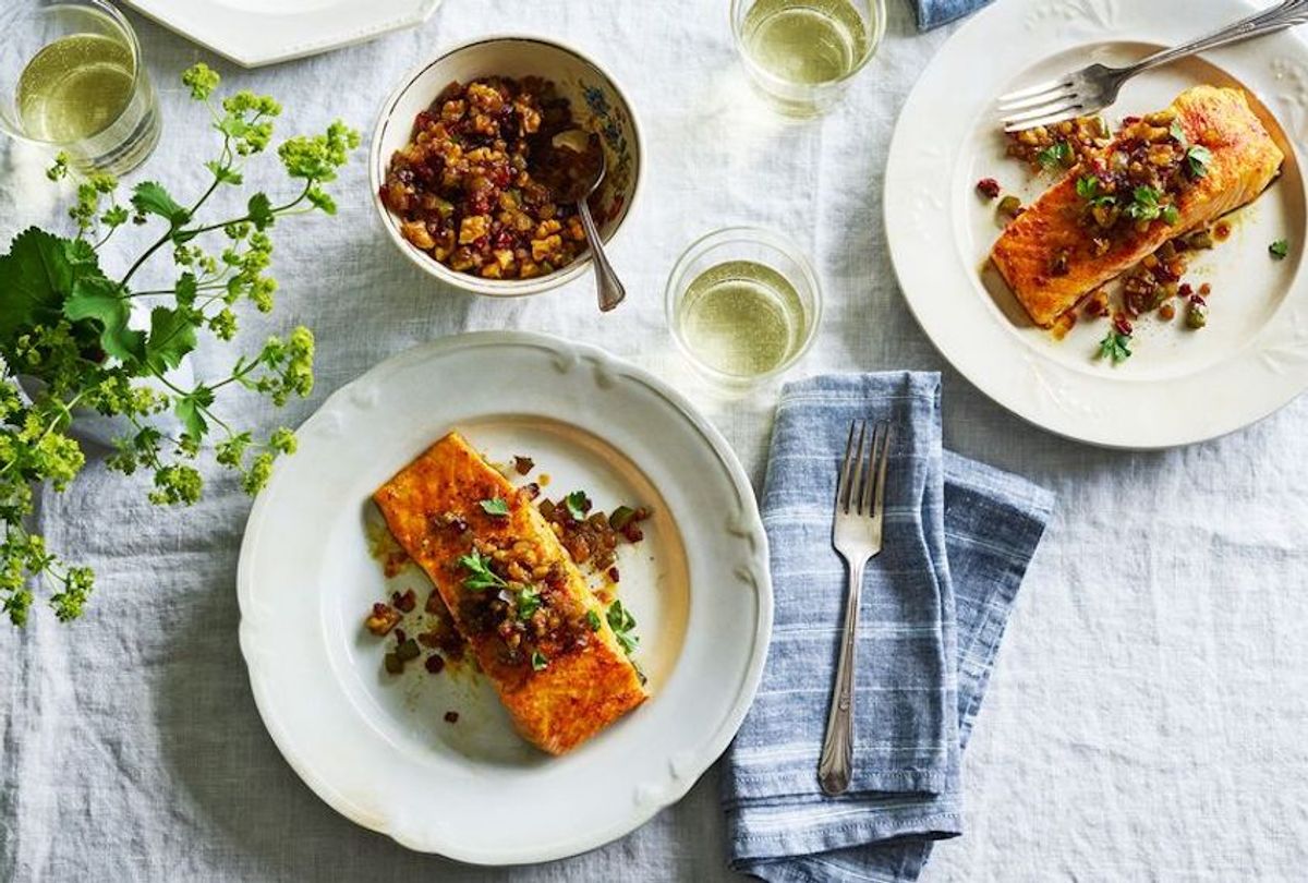 Weeknight salmon gains nuance from rich walnuts and tart barberries. (Photo by James Ransom/Food52)
