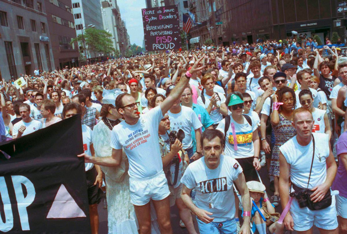 Members of ACT-UP march in New York's annual Gay Pride Parade, June 25, 1990. (AP/Joseph F. Major)