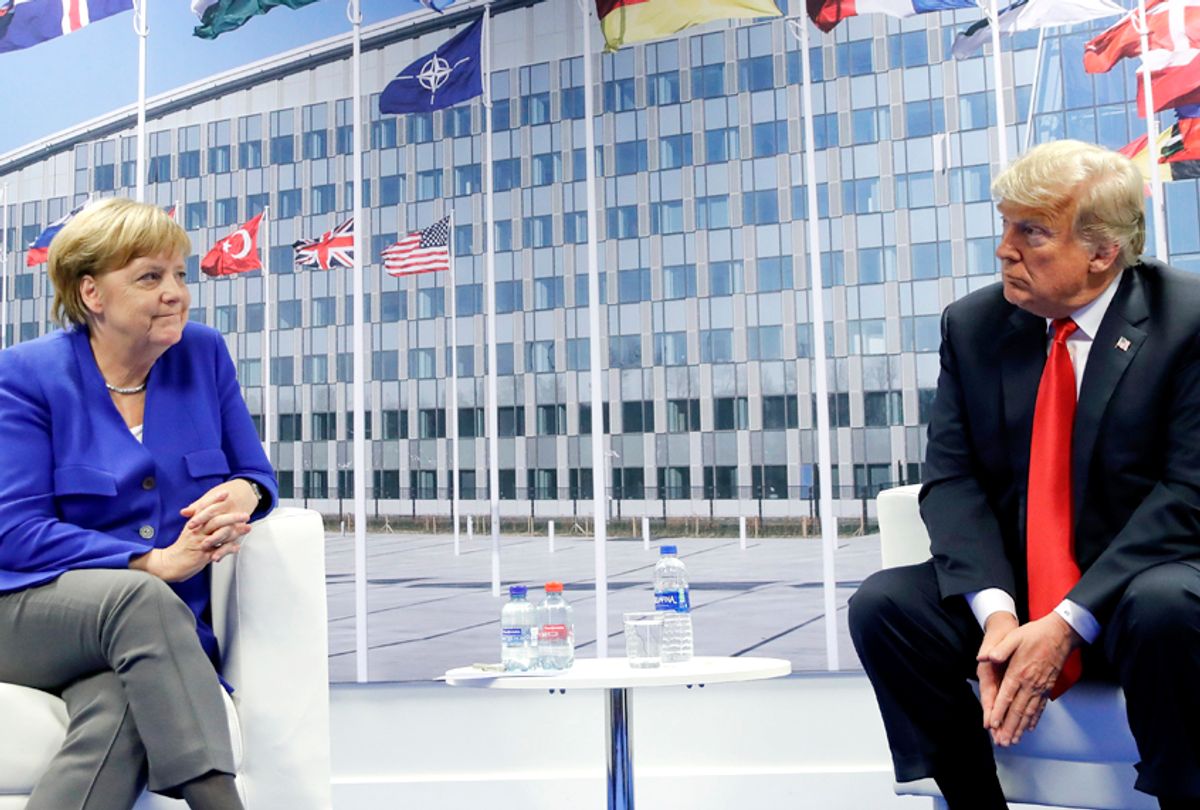 Donald Trump and German Chancellor Angela Merkel during their bilateral meeting, Wednesday, July 11, 2018 in Brussels, Belgium. (AP/Pablo Martinez Monsivais)