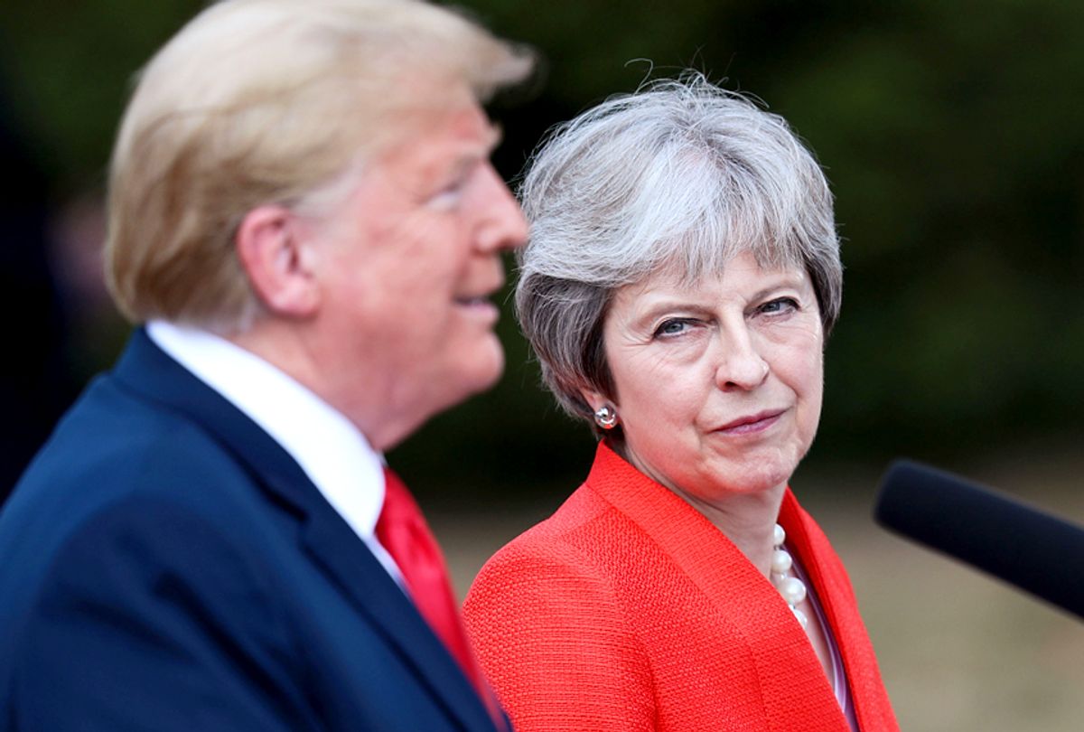 Theresa May and U.S. President Donald Trump attend a joint press conference following their meeting at Chequers on July 13, 2018 in Aylesbury, England. (Getty/Jack Taylor)