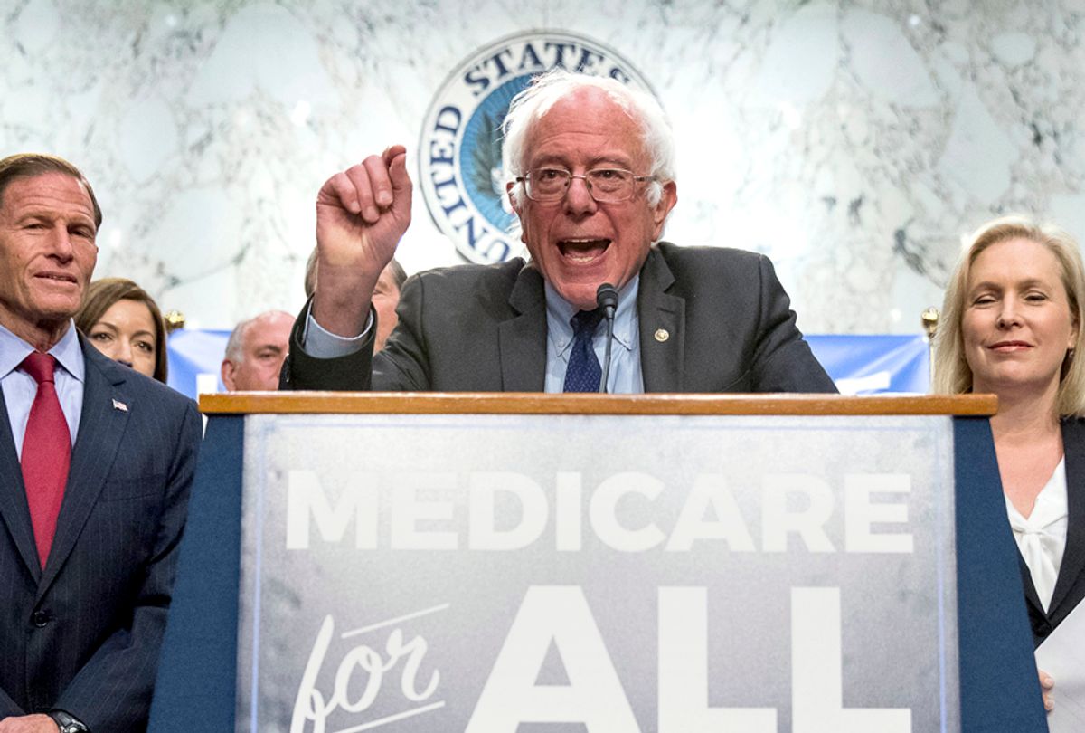 Bernie Sanders, joined by Richard Blumenthal and Kirsten Gillibrand, unveil their Medicare for All legislation to reform health care. (AP/Andrew Harnik)