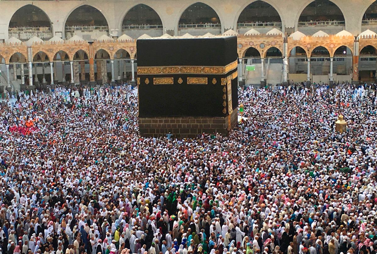 Muslim pilgrims circumambulate the Kaaba, Islam's holiest shrine, at the Grand Mosque in Saudi Arabia's holy city of Mecca on September 3, 2017, during the annual Hajj pilgrimage. (Getty/Karim Sahib)
