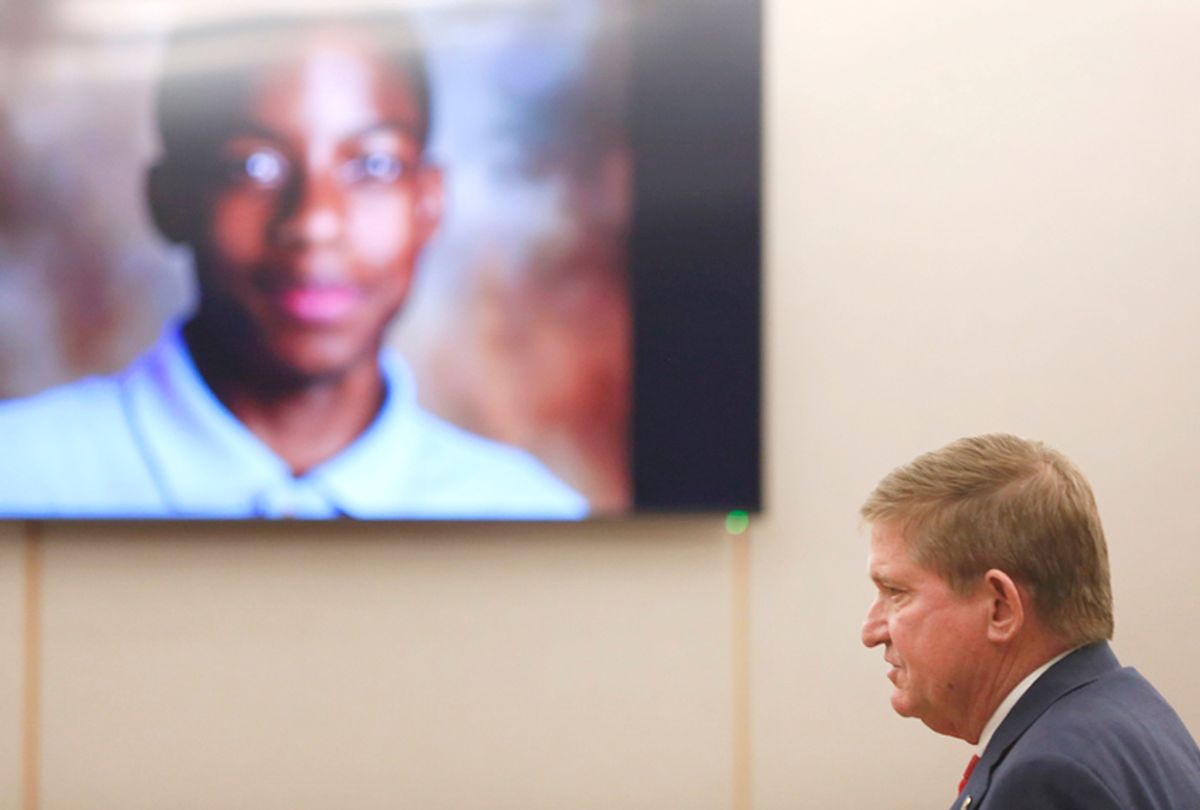 Jordan Edwards is shown on a screen as lead prosecutor Michael Snipes gives a closing argument during the eighth day of the trial of fired Balch Springs police officer Roy Oliver, who is charged with the murder of 15-year-old Jordan Edwards on Monday, Aug. 27, 2018. (Rose Baca/The Dallas Morning News via AP)