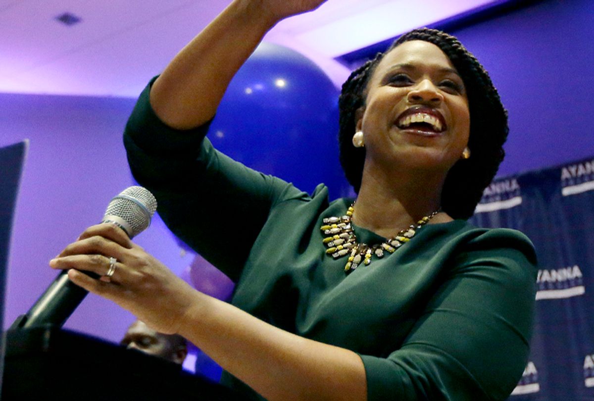 Boston City Councilor Ayanna Pressley celebrates victory over U.S. Rep. Michael Capuano, D-Mass., in the 7th Congressional House Democratic primary, Tuesday, Sept. 4, 2018, in Boston. (AP/Steven Senne)