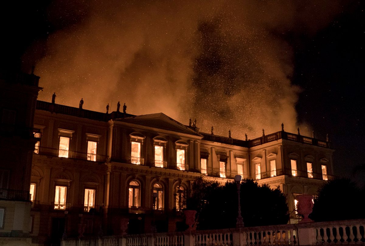 Flames engulf the 200-year-old National Museum of Brazil, in Rio de Janeiro, Sept. 2, 2018. (AP/Leo Correa)