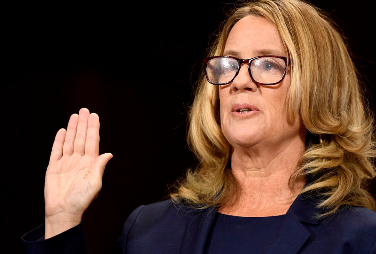 Christine Blasey Ford is sworn in to testify before the Senate Judiciary Committee on Capitol Hill in Washington, Thursday, Sept. 27, 2018 (AP/Saul Loeb)