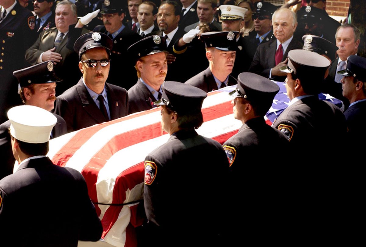 The funeral service for firefighter Vernon Cherry in Brooklyn, New York, June 22, 2002.  Cherry was among 342 firefighters who perished in the attack on the World Trade Center. (AP/Radcliffe Roye)