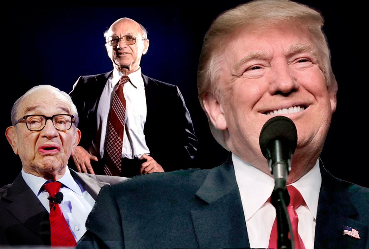Alan Greenspan; Milton Friedman; Donald Trump (AP/Getty/Salon)