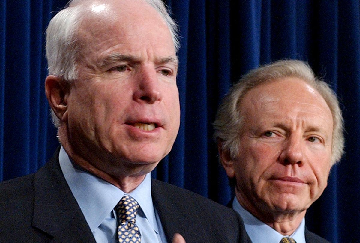 John McCain and Joseph Lieberman during a news conference in Washington, Jan. 8, 2002. (AP/Dennis Cook)