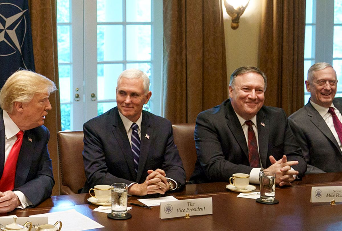 Donald Trump, Vice President Mike Pence, Secretary of State Mike Pompeo, and Defense Secretary Jim Mattis meet in the Cabinet Room. (AP/Carolyn Kaster)