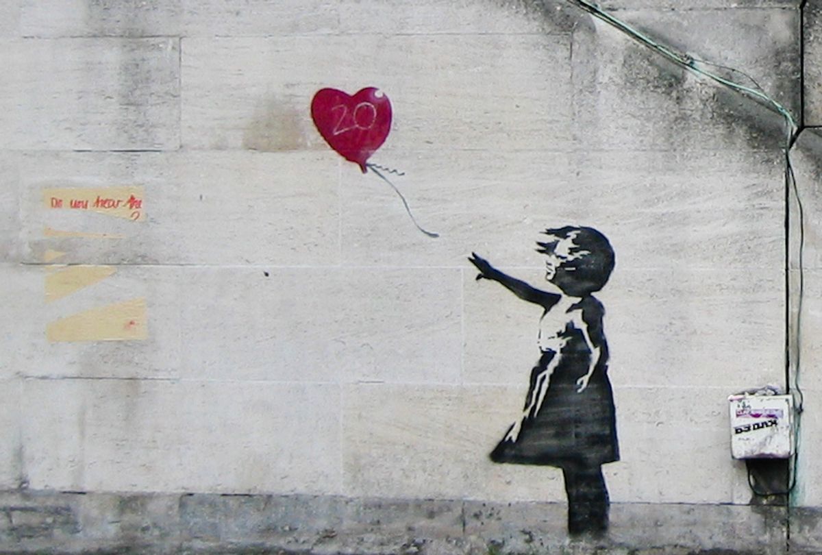 The original version of "Girl With Balloon" by Banksy. A framed print of the mural shredded itself after being auctioned for $1.4 million dollars. (Wikiart)