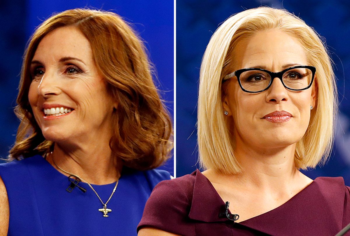 Martha McSally and Kyrsten Sinema during their televised debate Monday, Oct. 15, 2018, in Phoenix. (AP/Matt York)