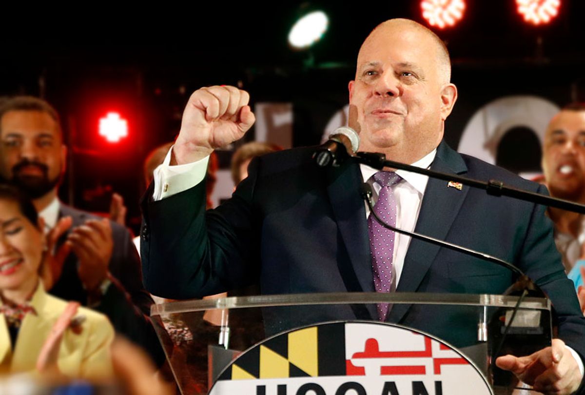Maryland Gov. Larry Hogan, center, celebrates as he speaks at an election night party, Tuesday, Nov. 6, 2018, in Annapolis, Md (AP/Patrick Semansky)