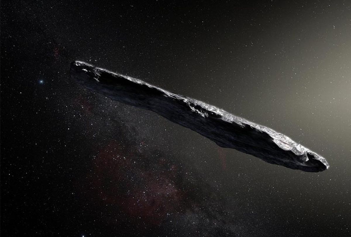 This artist’s impression shows the first interstellar asteroid: 'Oumuamua. (ESO/M. Kornmesser)