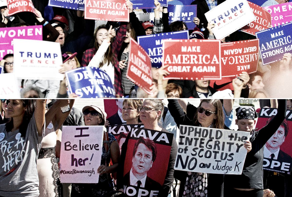 Donald Trump supporters at the Make America Great Again Rally; Protesters rally against Supreme Court nominee Brett Kavanaugh (Getty/Nicholas Kamm/AP/Jose Luis Magana)