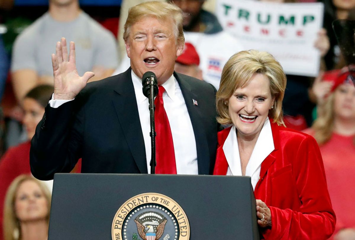 President Donald Trump encourages voters to support Sen. Cindy Hyde-Smith in runoff race against Democrat Mike Espy at a rally Monday, Nov. 26, 2018, in Biloxi, Miss. (AP/Rogelio V. Solis)