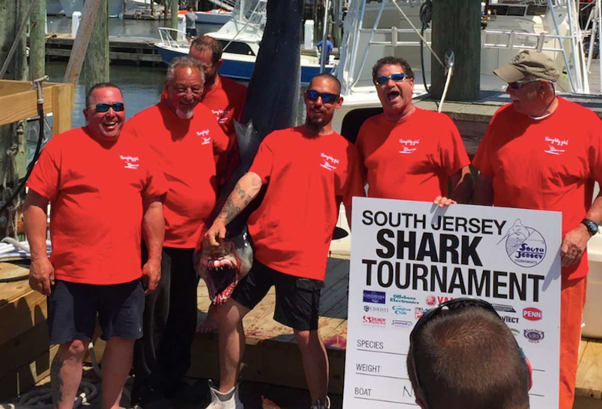 Mako sharks killed at the South Jersey Shark Tournament in June 2017. (Lewis Pugh/Independent Media Institute)