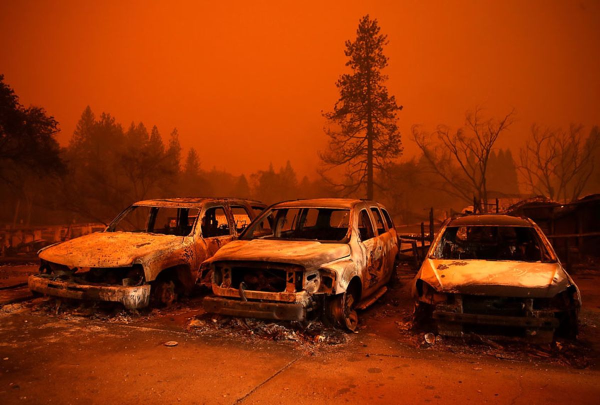 Cars destroyed by the Camp Fire sit in the lot at a used car dealership on November 9, 2018 in Paradise, California. (Getty Images/Justin Sullivan)