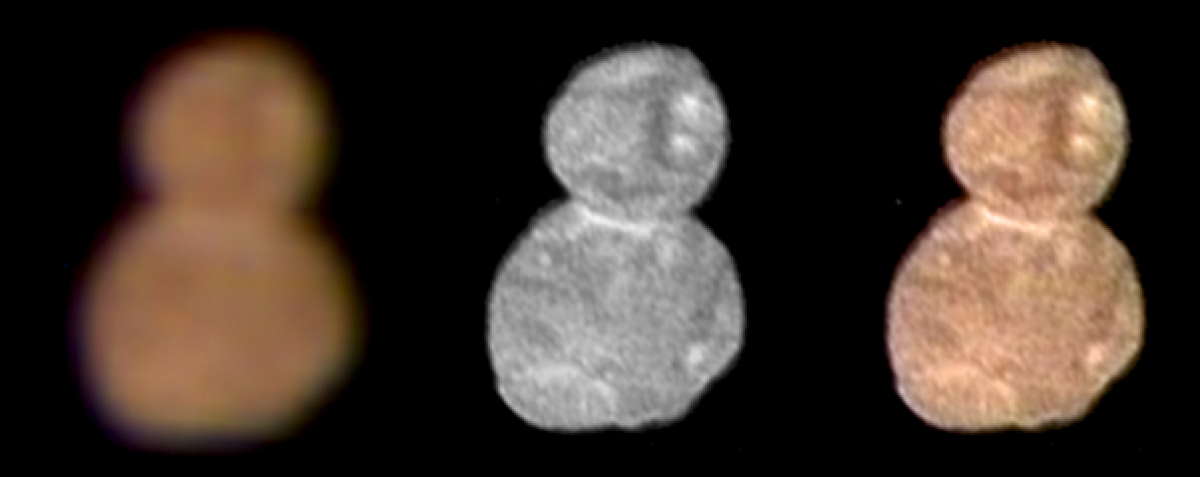 The first color image of Ultima Thule, taken at a distance of 85,000 miles (137,000 kilometers) at 4:08 Universal Time on January 1, 2019, highlights its reddish surface. At left is an enhanced color image taken by the Multispectral Visible Imaging Camera (MVIC), produced by combining the near infrared, red and blue channels. The center image taken by the Long-Range Reconnaissance Imager (LORRI) has a higher spatial resolution than MVIC by approximately a factor of five. At right, the color has been overlaid onto the LORRI image to show the color uniformity of the Ultima and Thule lobes. Note the reduced red coloring at the neck of the object. (NASA/Johns Hopkins University Applied Physics Laboratory/Southwest Research Institute) (NASA/Johns Hopkins University Applied Physics Laboratory/Southwest Research Institute)