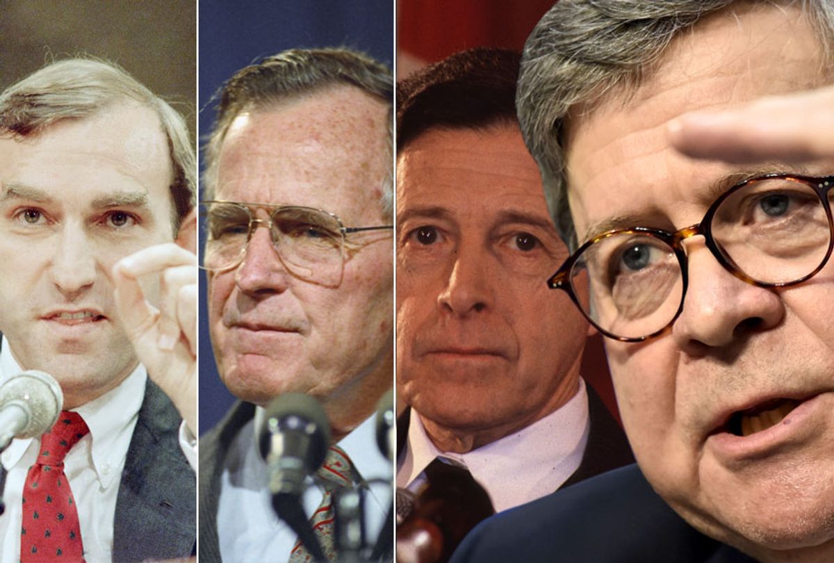 Elliott Abrams; George H. W. Bush; Caspar Weinberger; William Barr (AP/Getty/Salon)