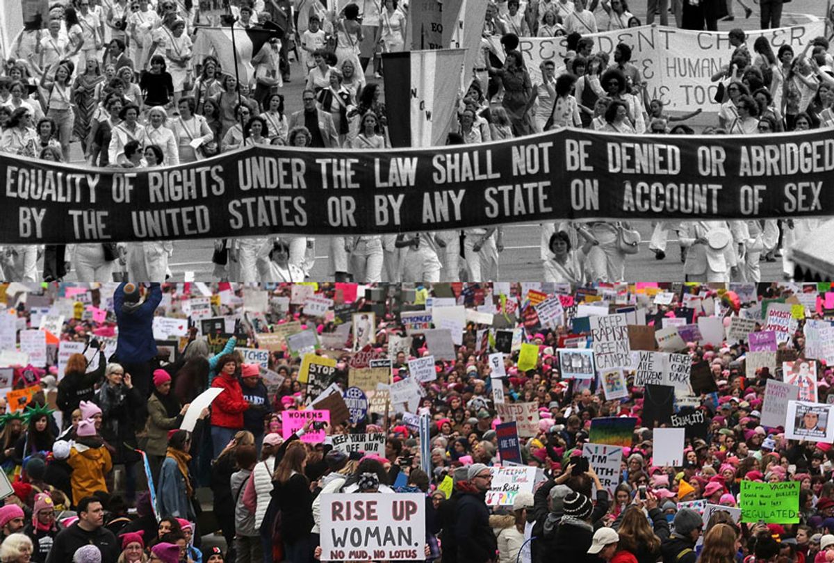 Equal Rights Amendment March, Washington D.C., August 26, 1977; Women's March, Washington D.C., January 21, 2017. (AP/Getty/Mario Tama)