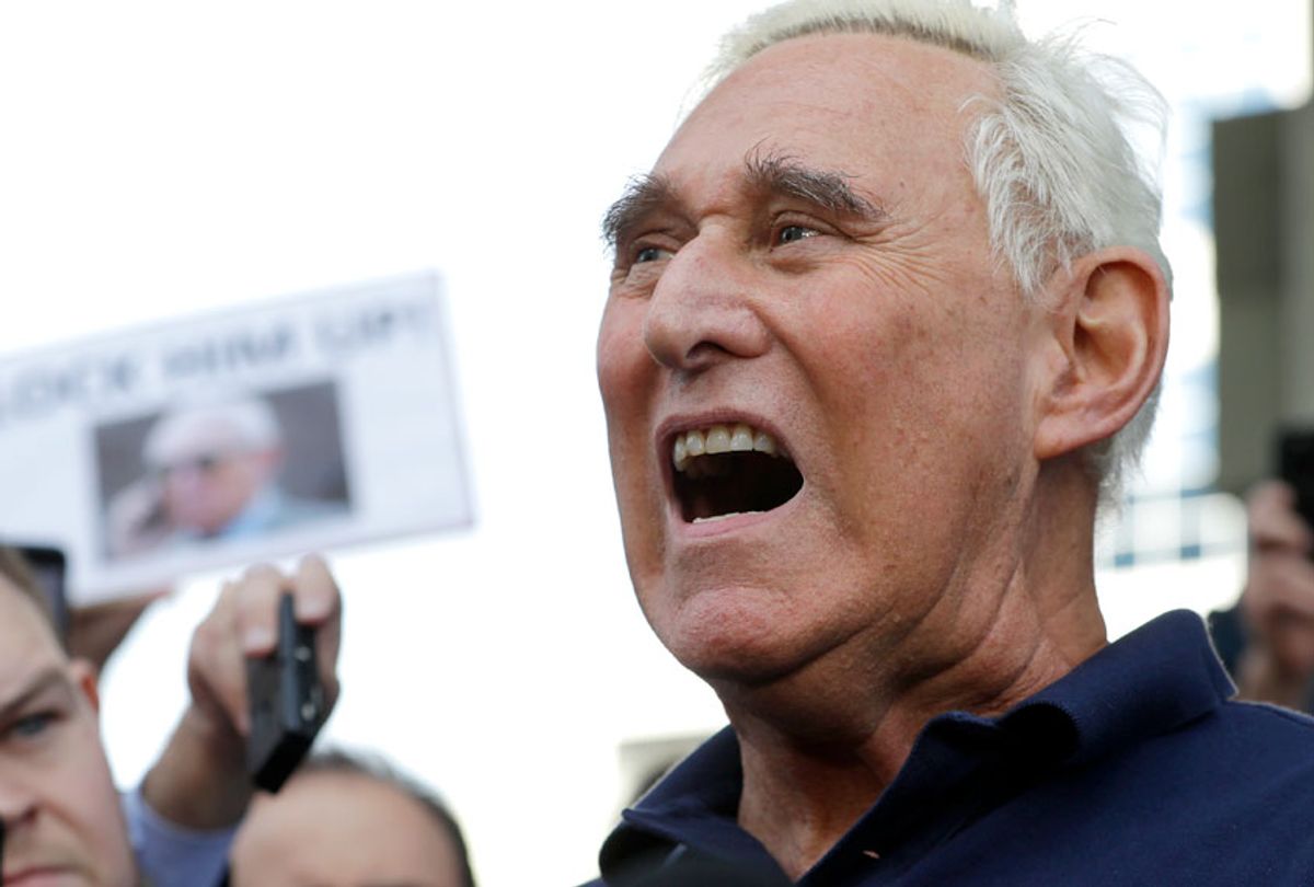 Roger Stone speaks outside of the federal courthouse following a hearing, Friday, Jan. 25, 2019, in Fort Lauderdale, Fla. (AP/Lynne Sladky)