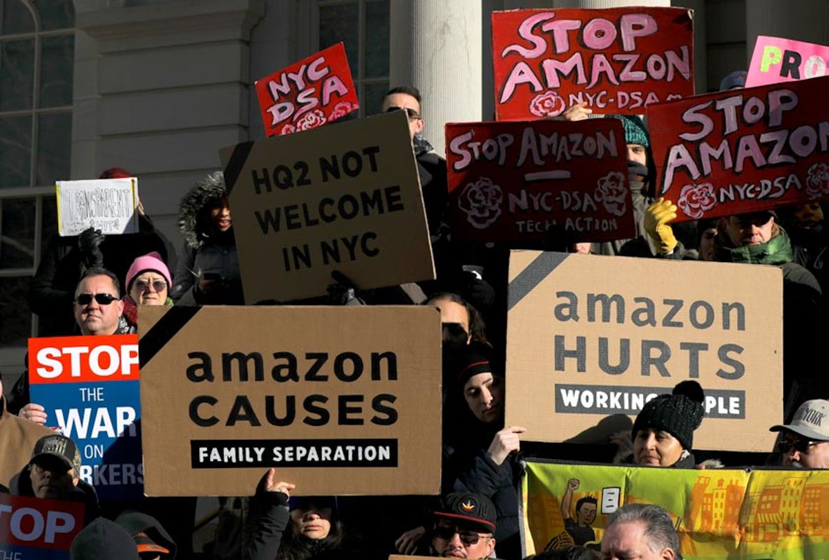 Protestors rally against Amazon and the company's plans to move their second headquarters to the Long Island City neighborhood of Queens, at New York City Hall, January 30, 2019 in New York City. (Getty/Drew Angerer)