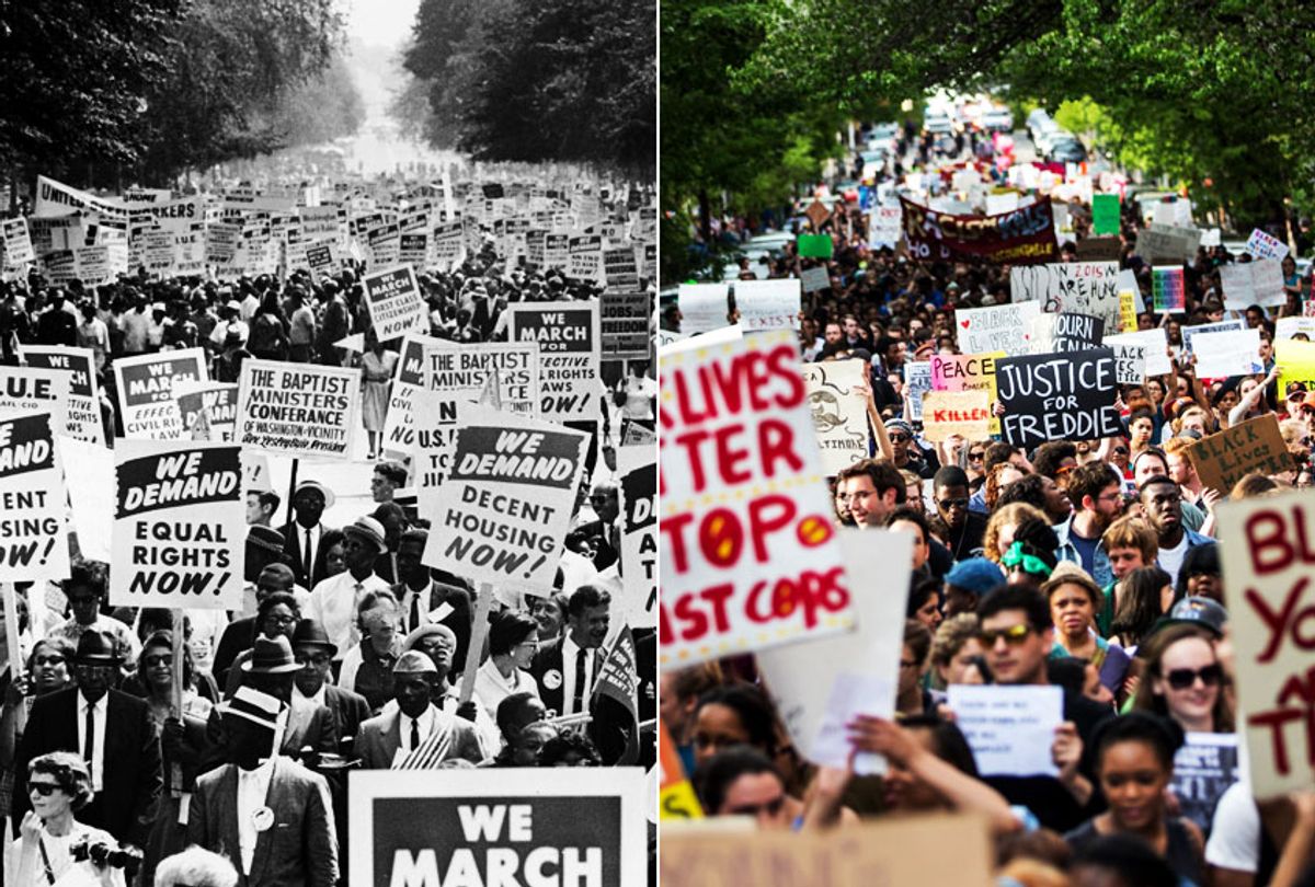 March on Washington for Jobs and Freedom, Washington DC, August 28, 1963; Justice for Freddie Gray protest on April 29, 2015 in Baltimore, Maryland (Hulton Archive/Andrew Burton)