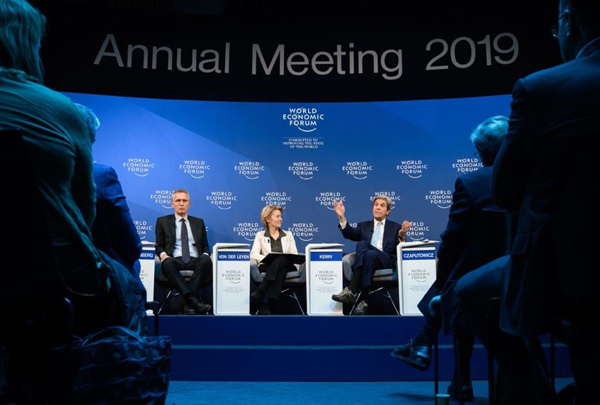 NATO secretary-general Jens Stoltenberg, Germany Defense Minister Ursula von der Leyen and former US State secretary John Kerry attend a session during the World Economic Forum (WEF) annual meeting, on January 24, 2019 in Davos, eastern Switzerland. (Getty/Fabrice Coffrini)