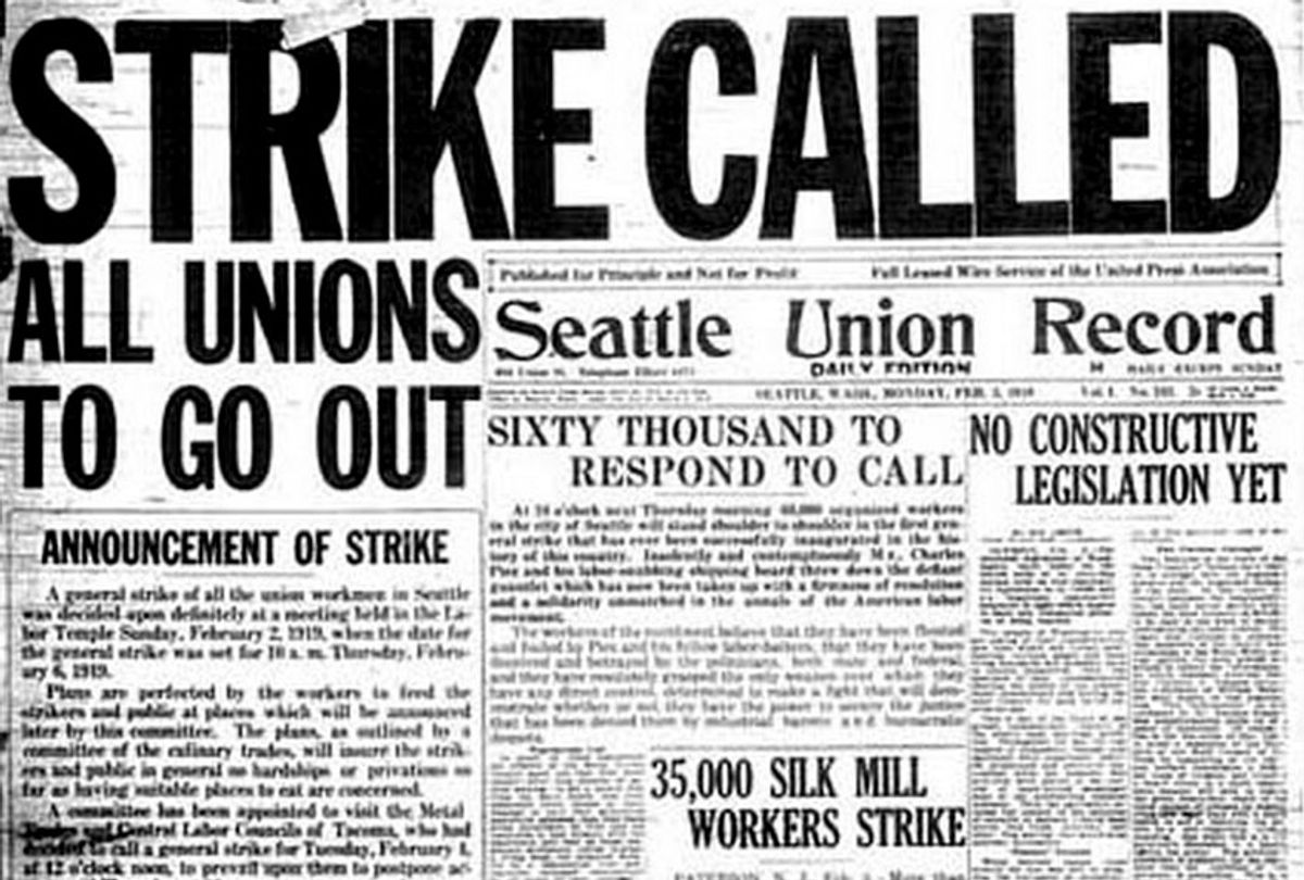 The front page of the Seattle Union Record at the beginning of the Seattle General Strike. (Wikimedia)