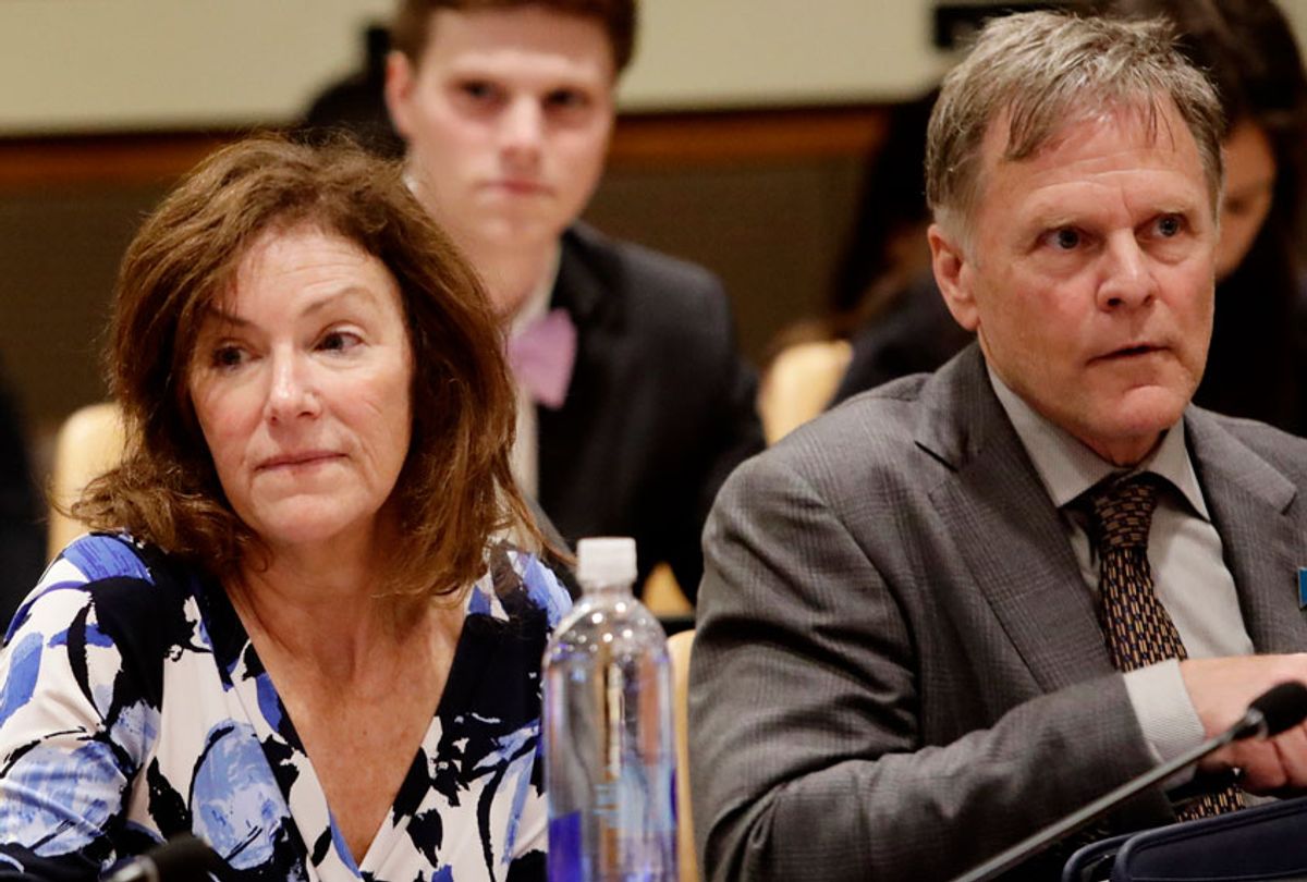 Cindy and Fred Warmbier, parents of Otto Warmbier, an American who died last year, days after his release from captivity in North Korea, wait for a meeting Thursday, May 3, 2018, at the United Nations headquarters.  (AP/Frank Franklin II)