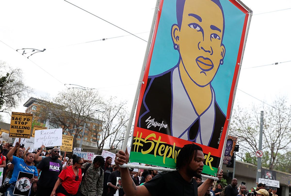 On April 4, 2018, over 100 Black Lives Matter protesters rallied during a day of action outside of the Sacramento district attorney office demanding justice for Stephon Clark, an unarmed black man who was shot and killed by Sacramento police. (Getty/Justin Sullivan)