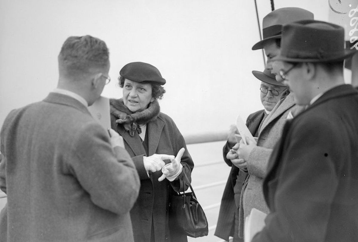 1938:  American social reformer and politician Frances Perkins, the Secretary of Labour in Franklin Delano Roosevelt's cabinet, aboard US liner Washington on arrival at Plymouth, bound for a conference in Geneva.  (Photo by London Express/Getty Images) (London Express/Getty Images)