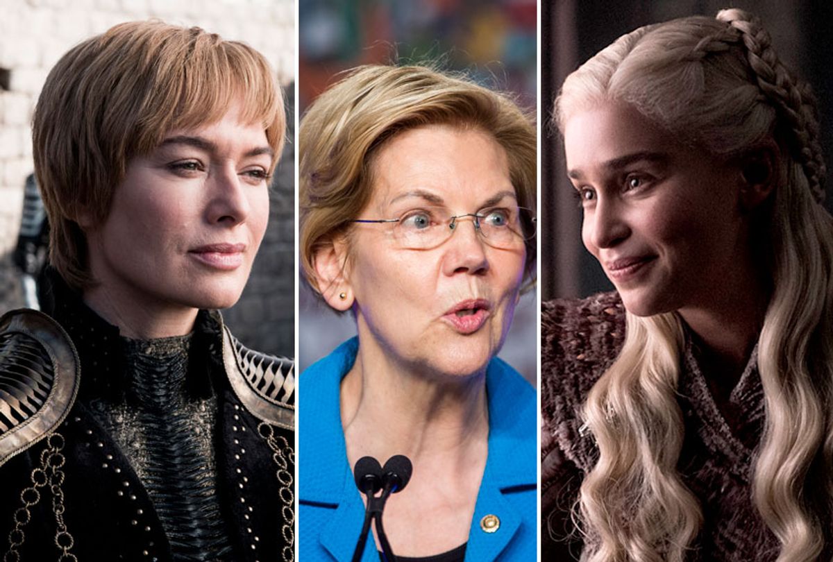 Lena Headey as Cersei Lannister; Elizabeth Warren; Emilia Clarke as Daenerys Targaryen (Helen Sloan/HBO/Getty/Zach Gibson)