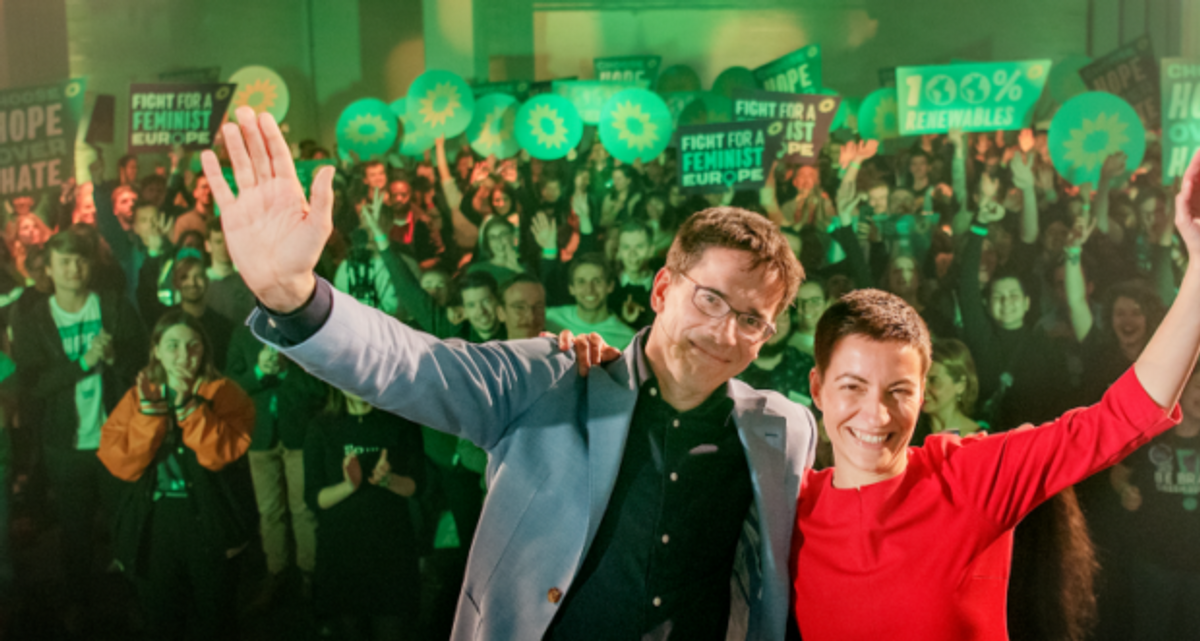 Bas Eickhout of the Netherlands (left) and Ska Keller of Germany celebrate their victories in European Parliament elections this week. (European Greens)
