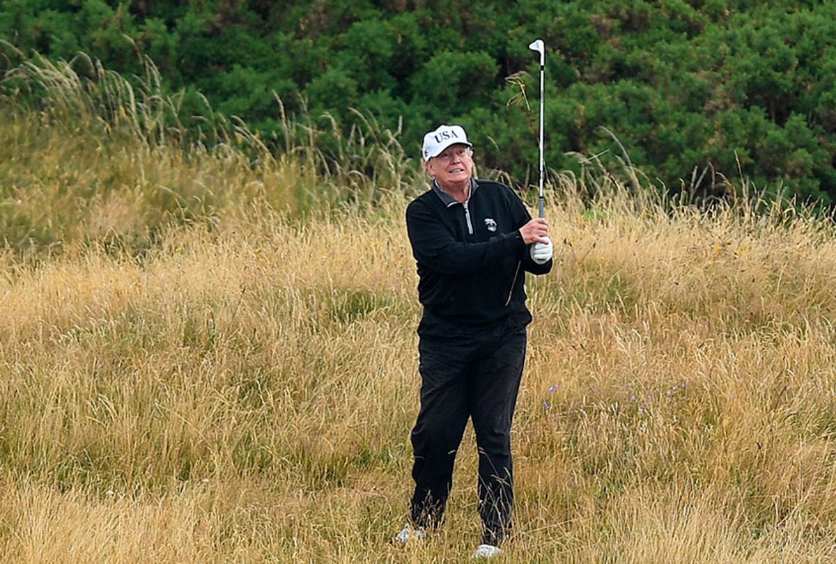 President Donald Trump plays a round of golf at Trump Turnberry Luxury Collection Resort during the President's first official visit to the United Kingdom on July 15, 2018 in Turnberry, Scotland. (Getty/Leon Neal)