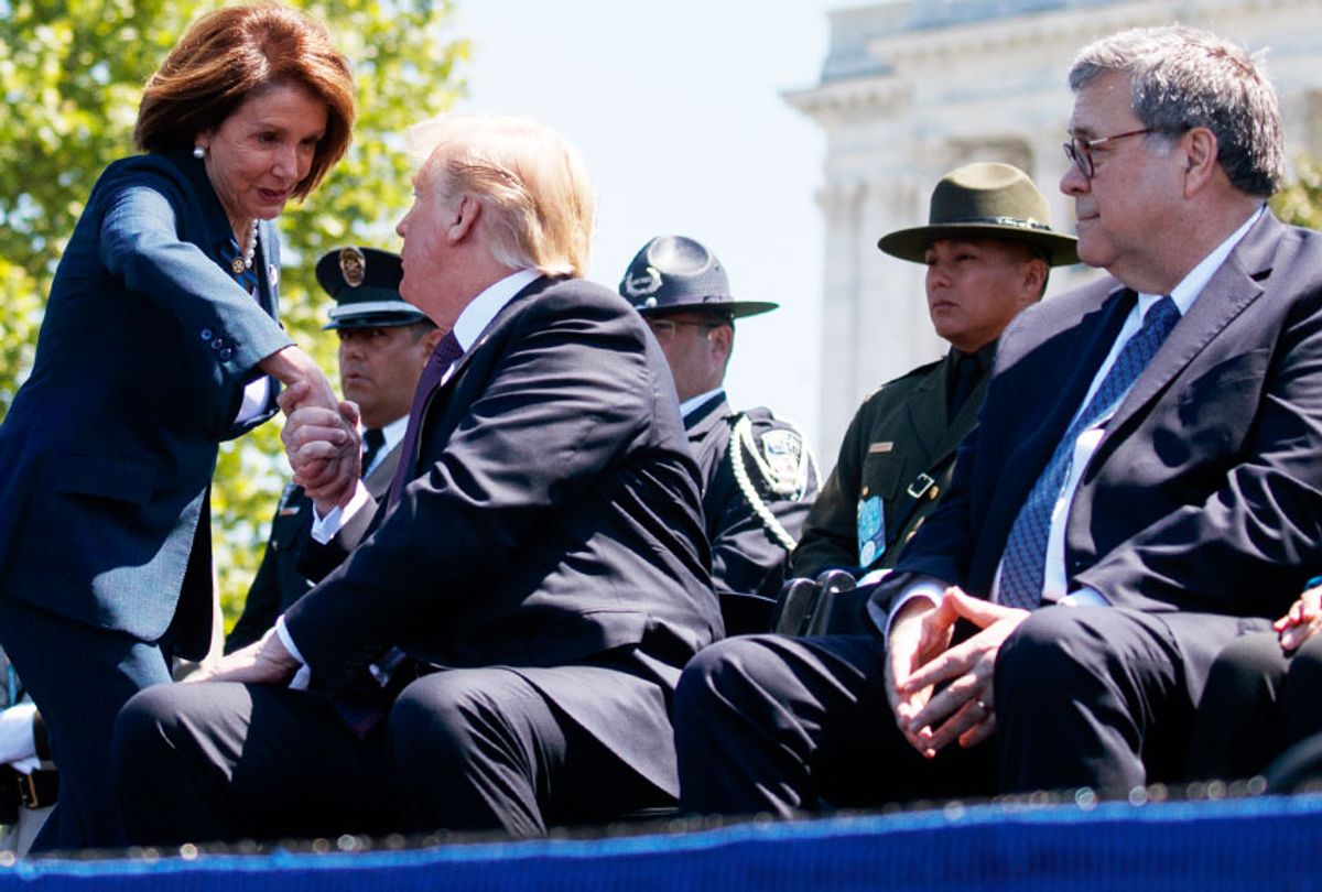 Attorney General William Barr looks on as President Donald Trump shakes hands with Speaker of the House Nancy Pelosi of Calif., during the 38th Annual National Peace Officers' Memorial Service at the U.S. Capitol, Wednesday, May 15, 2019, in Washington. (AP/Evan Vucci)
