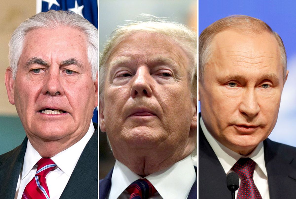 Rex Tillerson; Donald Trump; Vladimir Putin (AP/Cliff Owen/Dmitri Lovetsky/Getty/Alex Wong)