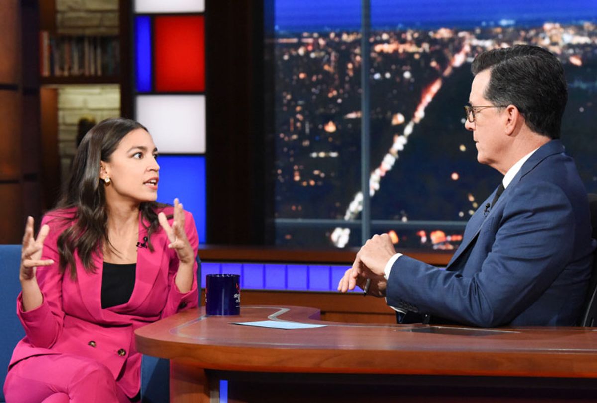 The Late Show with Stephen Colbert and guest Rep. Alexandria Ocasio-Cortez during Wednesday's June 26, 2019 show. (Scott Kowalchyk/CBS)