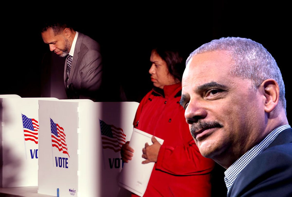 Former Attorney General Eric Holder; Voters cast their ballots at a polling place  in Ridgeland, Mississippi, Nov. 27, 2018 (Getty/Salon)