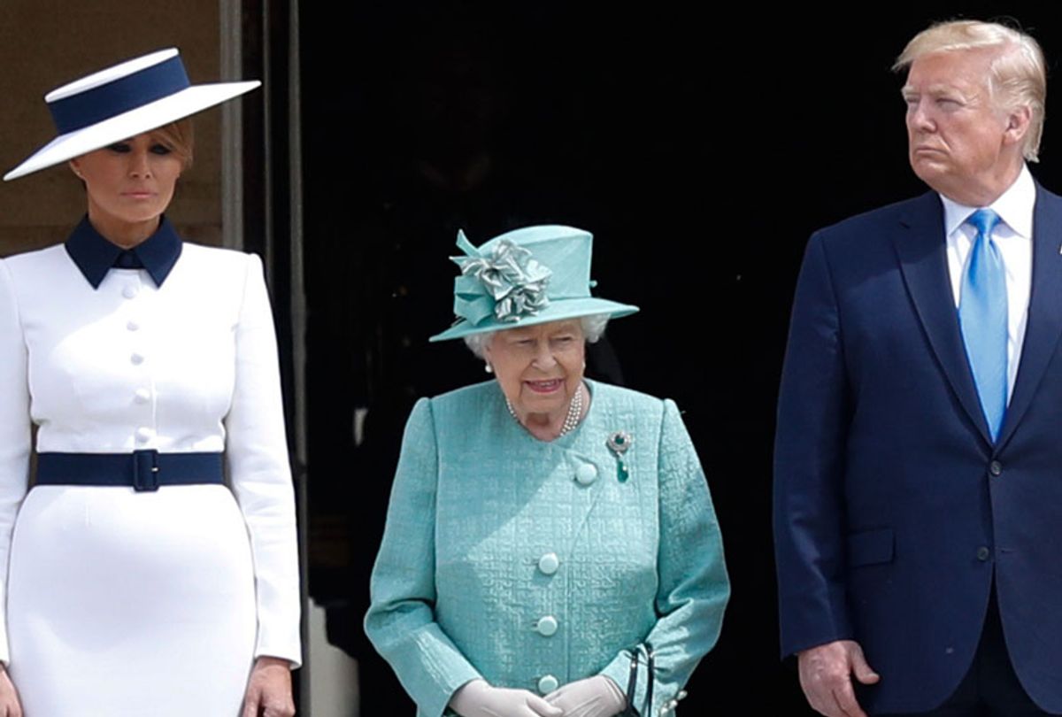 First Lady Melania Trump, Britain's Queen Elizabeth II, and President Donald Trump during a welcome ceremony at Buckingham Palace in central London on June 3, 2019, on the first day of the US president and First Lady's three-day State Visit to the UK. (Getty/Adrian Dennis)