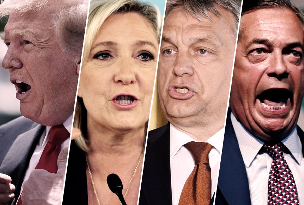 President Donald Trump; National Party leader Marine le Pen; Hungarian Prime Minister Viktor Orban; Brexit Party leader Nigel Farage (Getty/Salon)