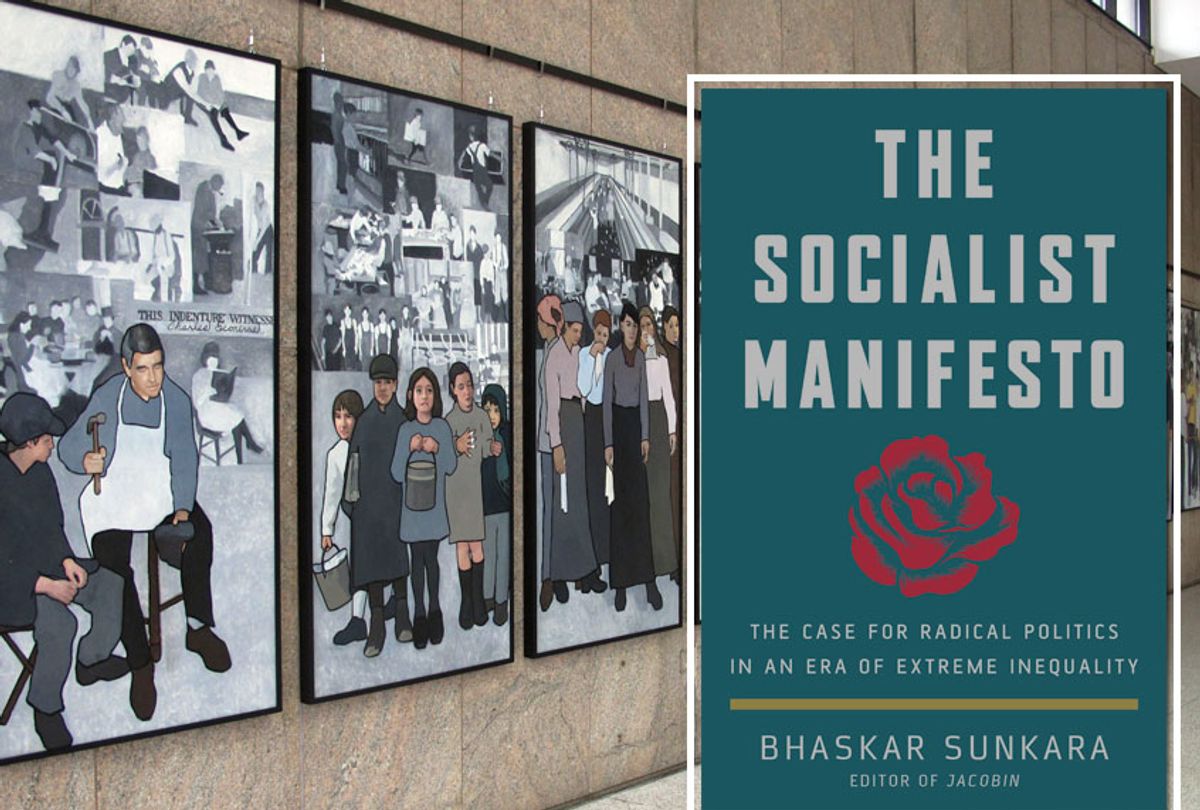 "The Socialist Manifesto" by Bhaskar Sunkara; An 11-panel mural depicting Maine's labor history. (Basic Books/AP/Clarke Canfield)
