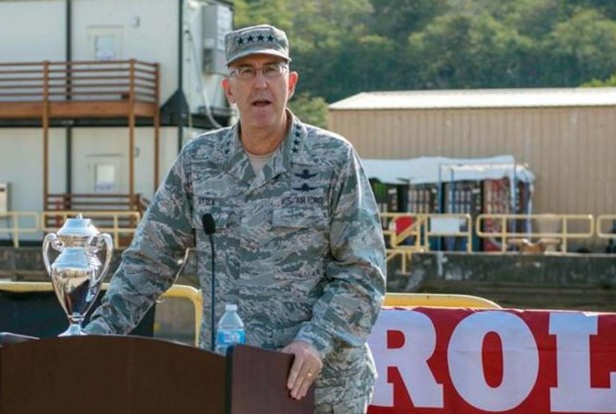 U.S. Air Force Gen. John E. Hyten, commander of U.S. Strategic Command (USSTRATCOM), delivers remarks during the 2017 Omaha Submarine Ballistic Missile Trophy presentation. (MC1 Class Amanda Gray/USSTRATCOM)