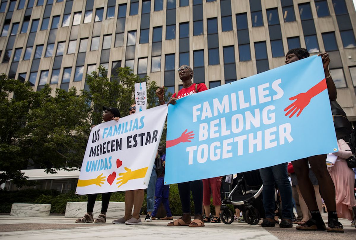 Activists, including childcare providers, parents and their children, protest against the Trump administrations recent family detention and separation policies for migrants along the southern border, near the New York offices of U.S. Immigration and Customs Enforcement (ICE), July 18, 2018 in New York City.  (Drew Angerer/Getty Images)