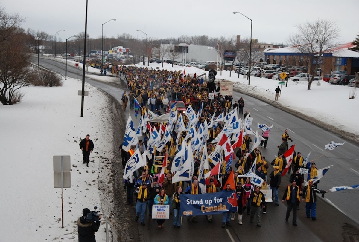 In March 2010, a rally by thousands of striking USW workers at the Vale mine and smelter in Sudbury, Canada, was joined by allies from Brazil, Australia and countries around the world.  (Photo courtesy of United Steelworkers)