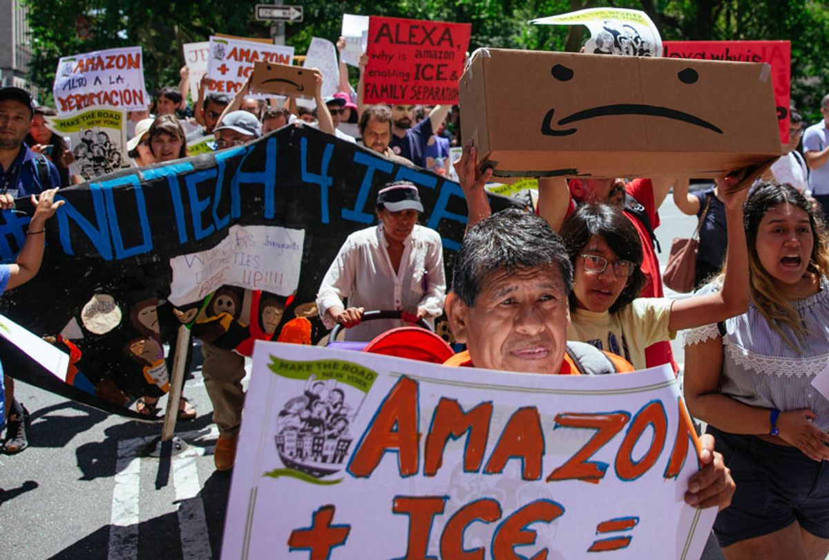 Protestors march to a building where Amazon owner Jeff Bezos owns property on July 15, 2019 in New York City. (Getty/Kevin Hagen)