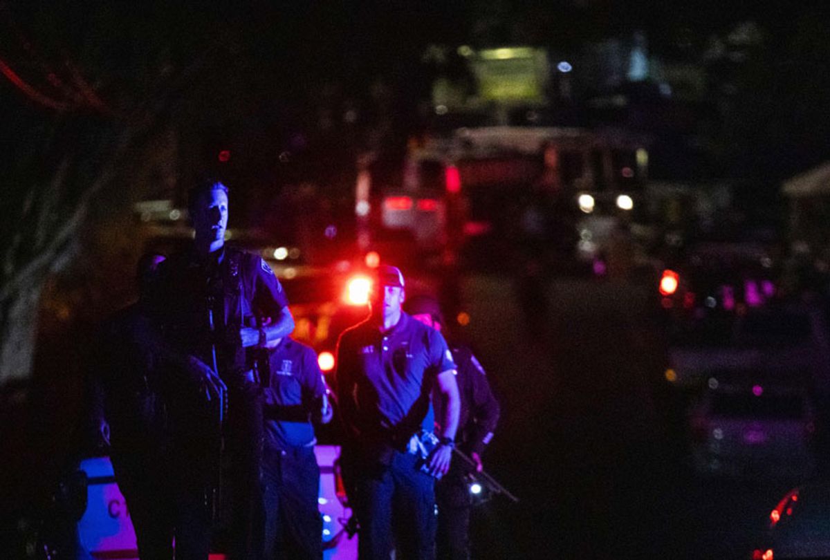 Police officers leave the scene of the investigation following a deadly shooting at the Gilroy Garlic Festival in Gilroy, 80 miles south of San Francisco, California on July 28, 2019.  (Getty/Philip Pacheco)